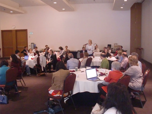 The audience of incoming faculty council and standing committee chairs and vice chairs listen to different presentations at the event